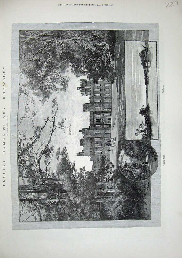 Old Antique Print 1890 English Homes Knowsley Lake Architecture Montbard 19th