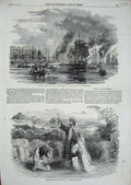 Old Antique Print 1851 Dury Lane Theatre Azael Ships Harbour Colliers War 19th