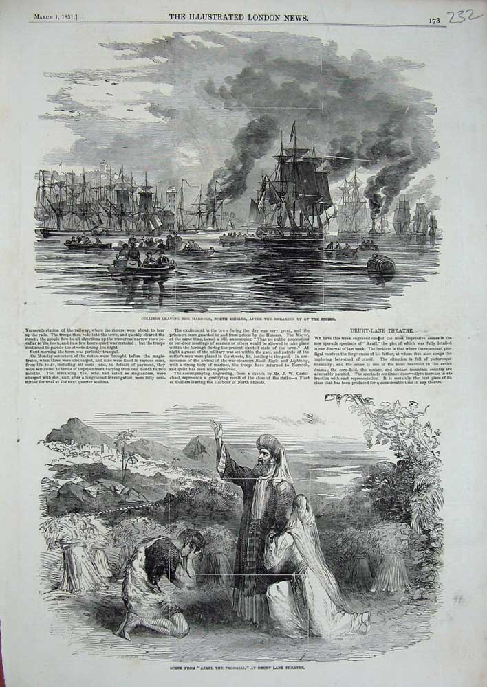 Old Antique Print 1851 Dury Lane Theatre Azael Ships Harbour Colliers War 19th
