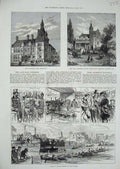 Old Antique Print 1875 Townhall Bromwich Hans Anderson Boat Race Boyton 19th