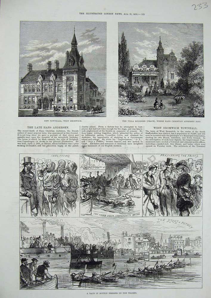 Old Antique Print 1875 Townhall Bromwich Hans Anderson Boat Race Boyton 19th