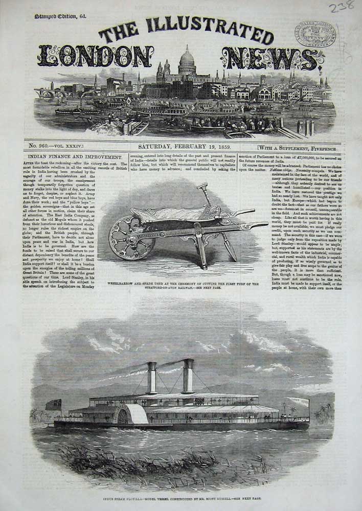 Original Old Antique Print 1859 Indus Steam Flotilla Wheelbarrow Spade Railway