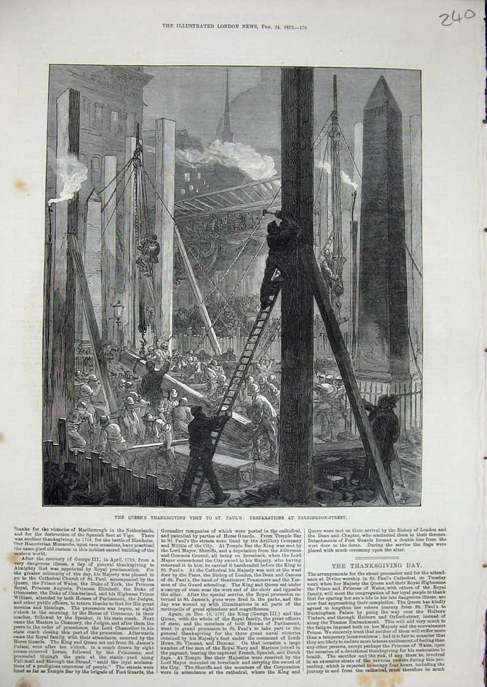 Old Antique Print 1872 Queen'S Thanksgiving Paul'S Cathedral Farringdon 19th