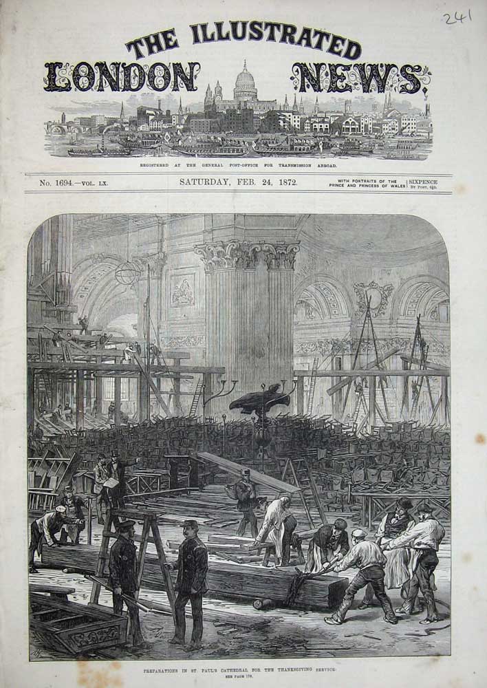 Original Old Antique Print 1872 St Paul'S Cathedral Thanksgiving Service Church