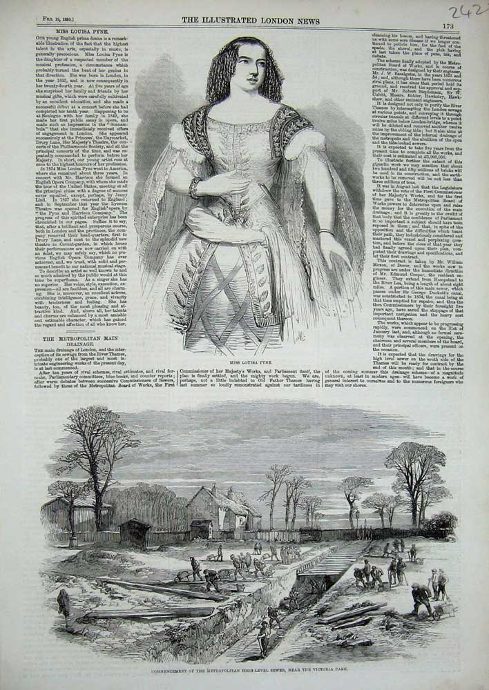 Original Old Antique Print 1859 Miss Louisa Pyne Metropolitan High-Level Sewer