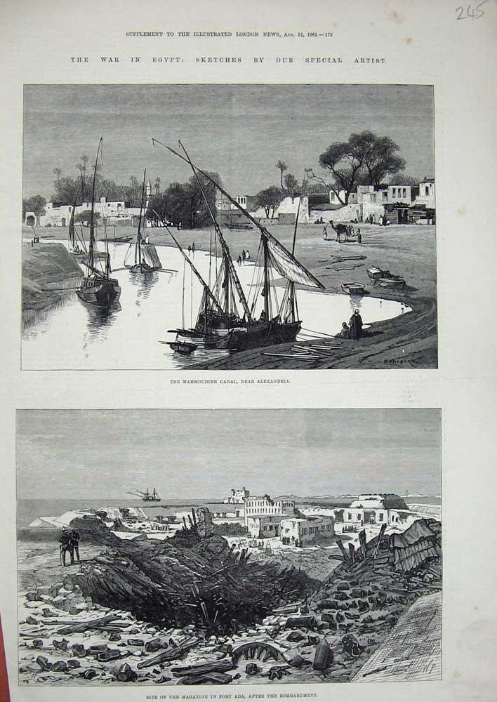Original Old Antique Print War Egypt 1882 Mahmoudieh Canal Alexandria Fort Ada