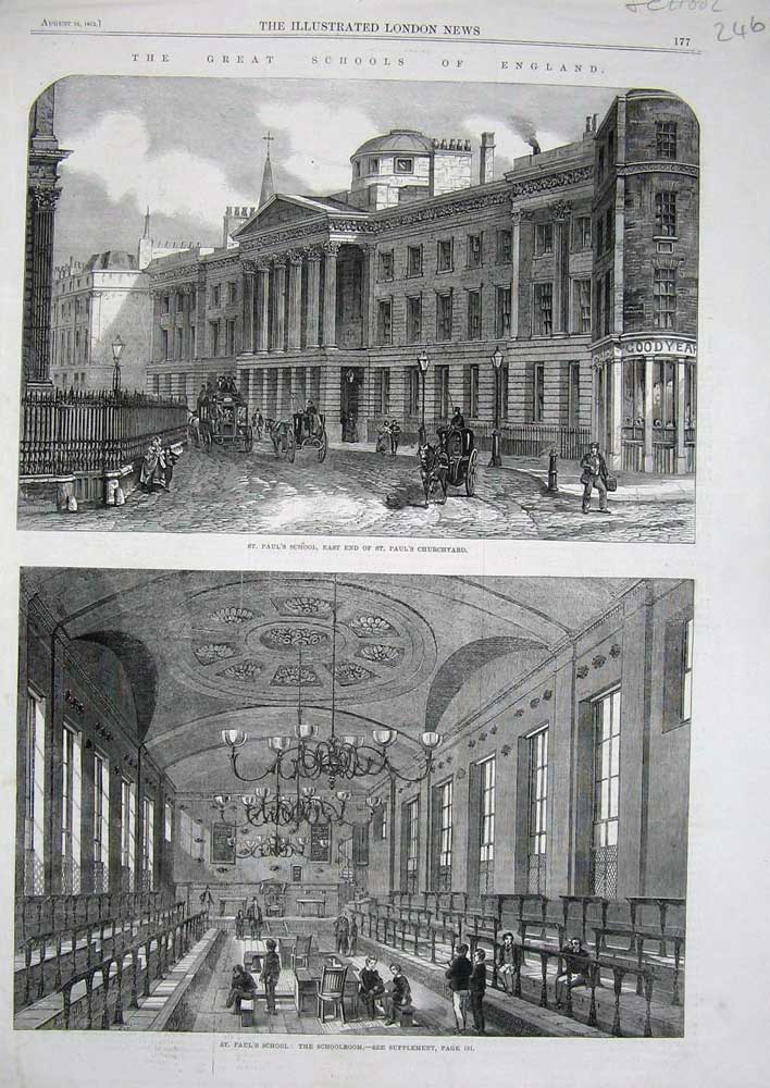 Original Old Antique Print 1862 St Paul'S School Churchyard Schoolroom England