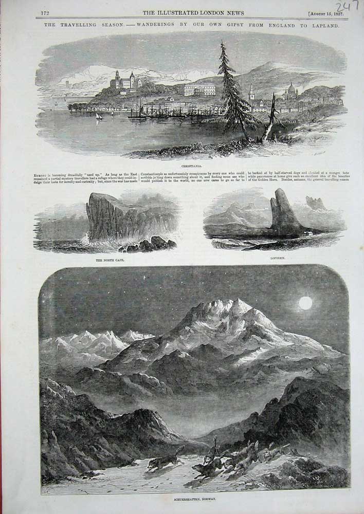 Old Antique Print 1857 Schuershatten Norway Christiania Lofoden Lapland 19th