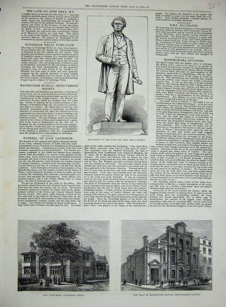Original Old Antique Print 1879 Monument John Gray Dublin Tunbridge Eastbourne