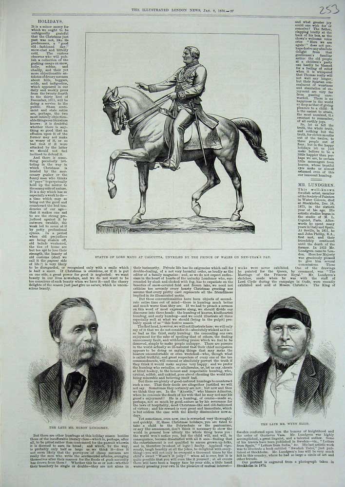 Original Old Antique Print 1876 Statue Lord Mayo Calcutta Lundgren Wynn Ellis