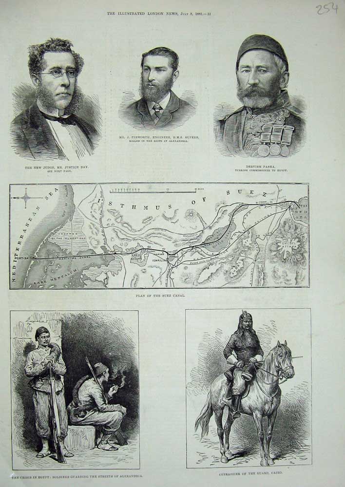 Original Old Antique Print 1882 Suez Canal Judge Pasha Egypt Cuirasssier Cairo