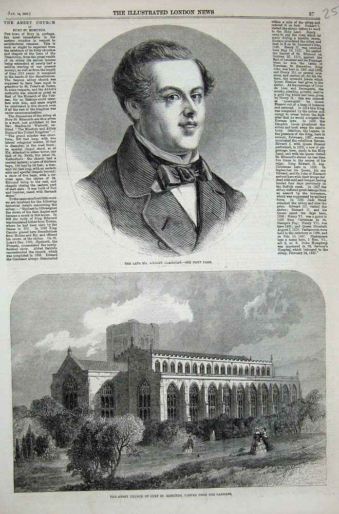 Original Old Antique Print 1860 Wright Comedian Abbey Church Bury St Edmunds