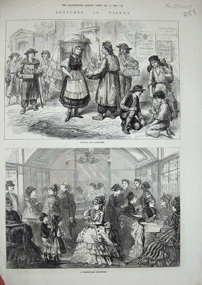 Old Antique Print 1873 Vienna Austria Conditorel Pedlars Laudress People 19th