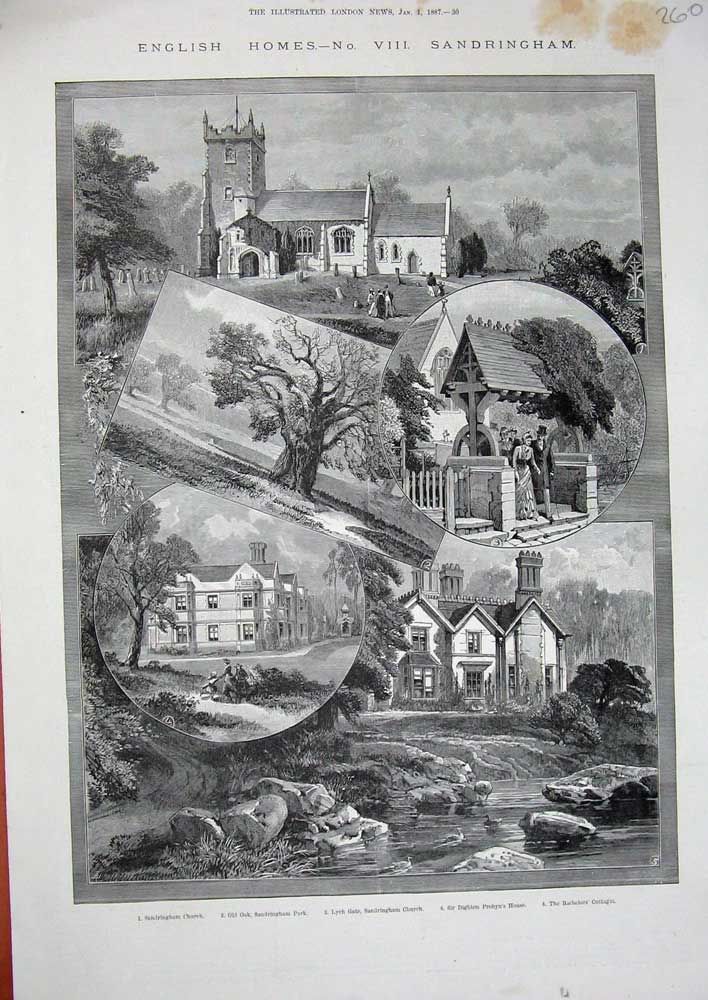 Old Antique Print 1887 English Homes Sandringham Church Lych Gate Probyn 19th