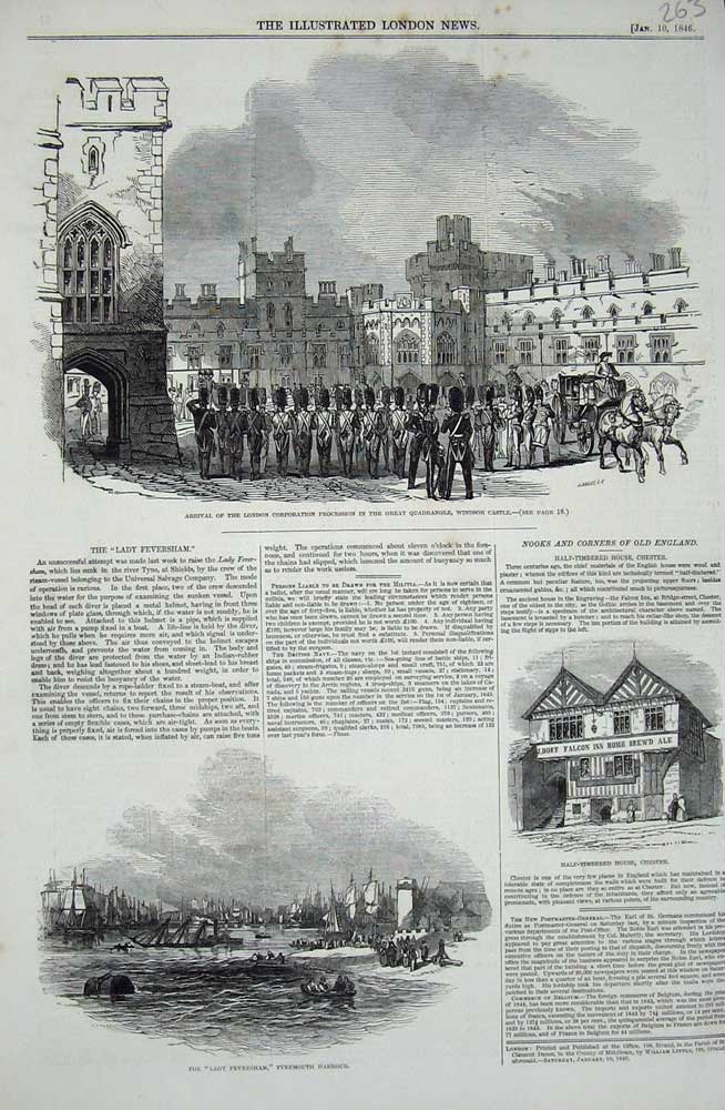 Old Antique Print Quadrangle Windsor Castle 1846 Feversham Ship Chester 19th