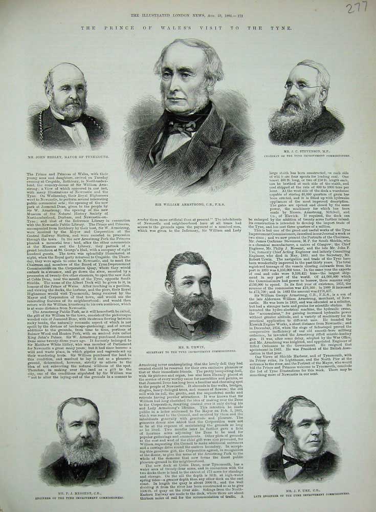 Old Antique Print 1884 Armstrong Stevenson Hedley Urwin Messent Ure Tyne 19th