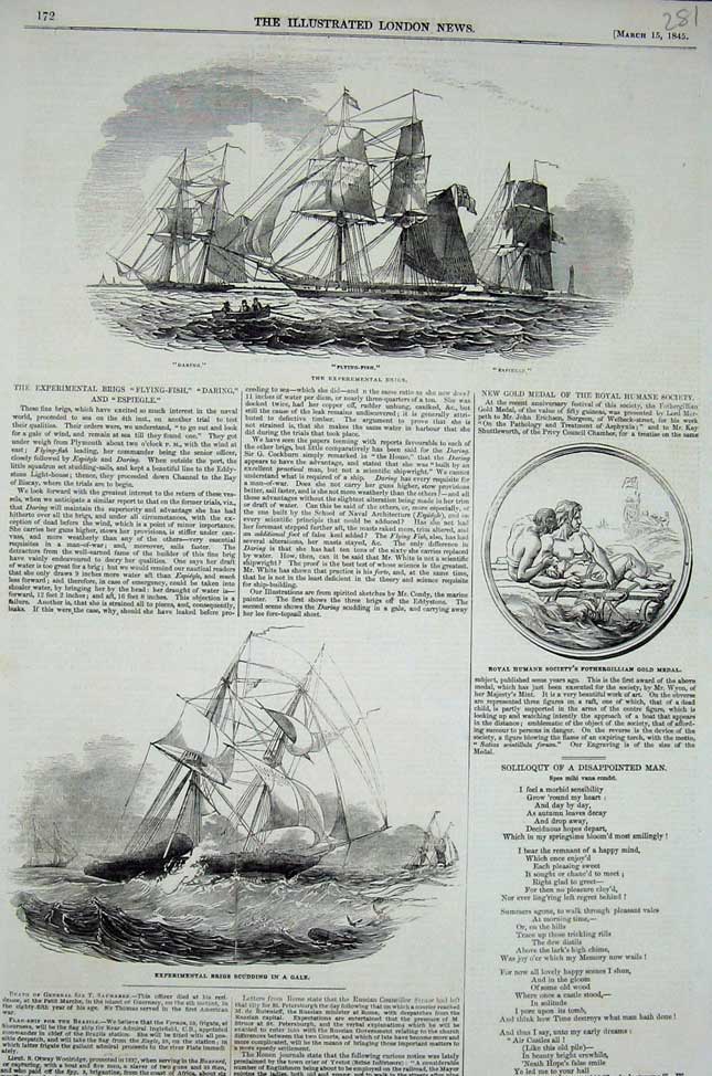 Old Antique Print 1845 Ships Flying Fish Daring Brigs Storm Fothergillian 19th