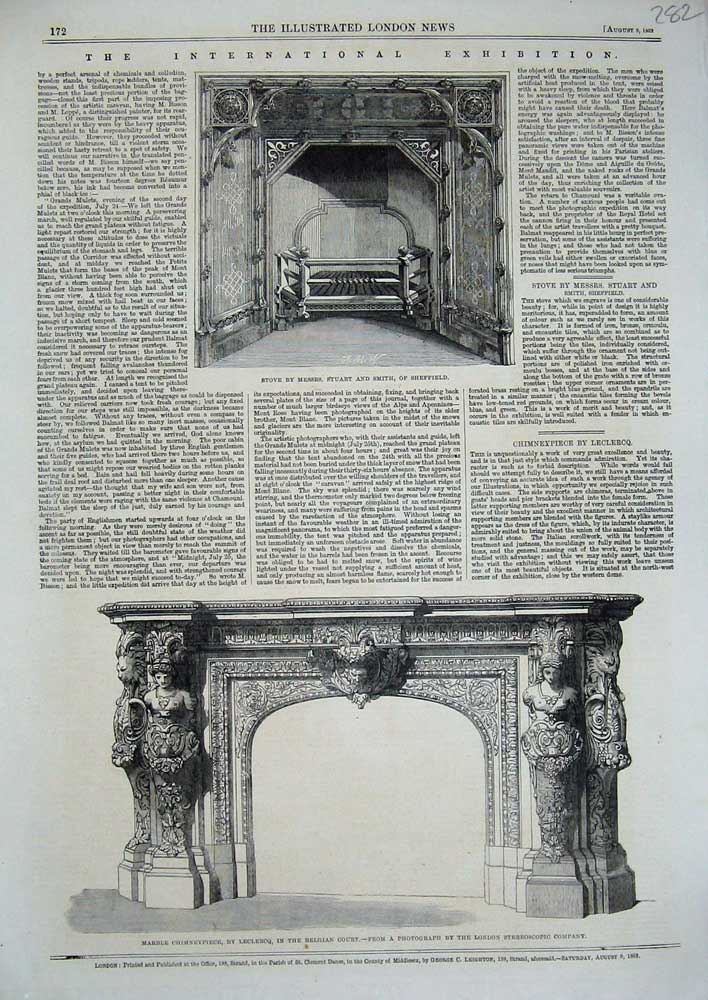 Old Antique Print 1862 Marble Chimneypiece Leclerq Stove Stuart Sheffield 19th