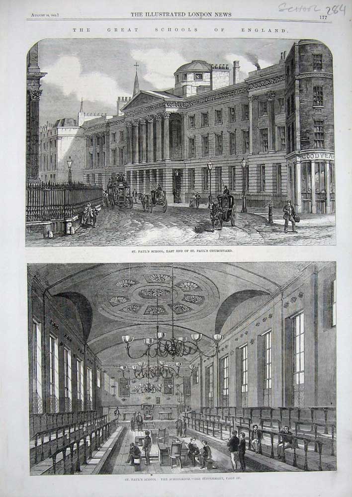 Original Old Antique Print 1862 St Paul'S School Churchyard Schoolroom Children