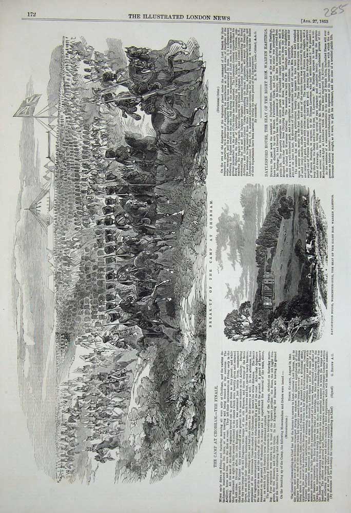 Original Old Antique Print 1853 Camp Chobham Siers Daylesford House Hastings