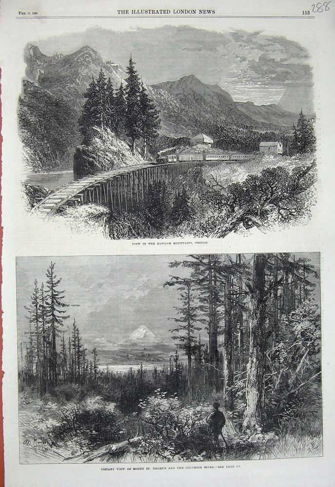 Original Old Antique Print Cascade Mountains Oregon Train 1866 Helen'S Columbia