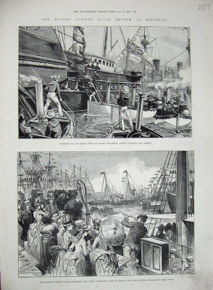 Old Antique Print 1887 Spithead Royal Yacht Victoria Albert John Pender 19th