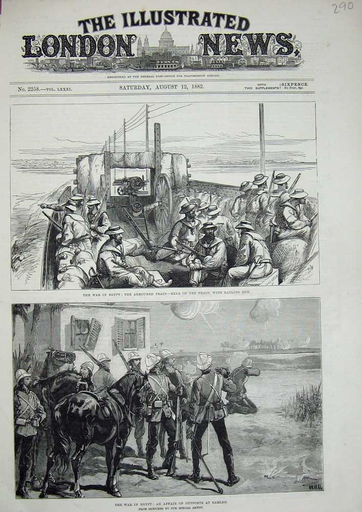 Old Antique Print 1882 War Egypt Armoured Train Gatling Gun Ramleh Horses 19th