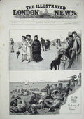 Old Antique Print 1883 Sea Side Sketches Children Beach Dogs Yachts Sea 19th