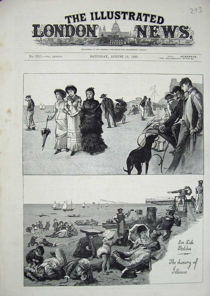 Old Antique Print 1883 Sea Side Sketches Children Beach Dogs Yachts Sea 19th