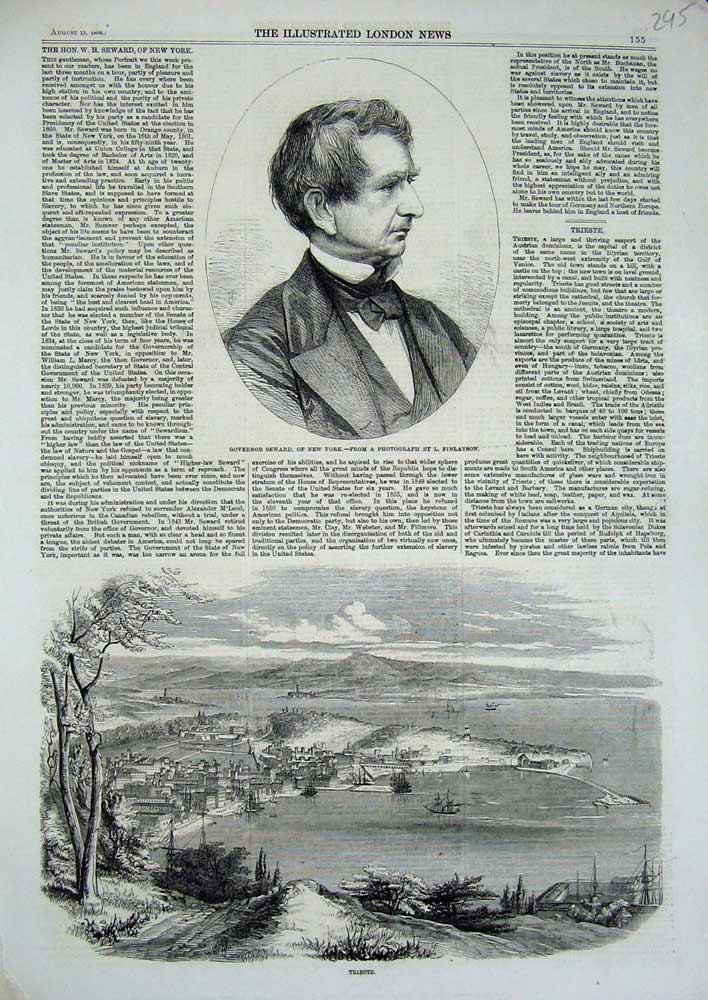 Original Old Antique Print 1859 Governor Seward New York America Trieste Town