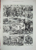 Original Old Antique Print 1883 Day Country People Children Flowers Swing 19th