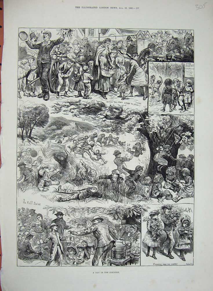 Original Old Antique Print 1883 Day Country People Children Flowers Swing 19th