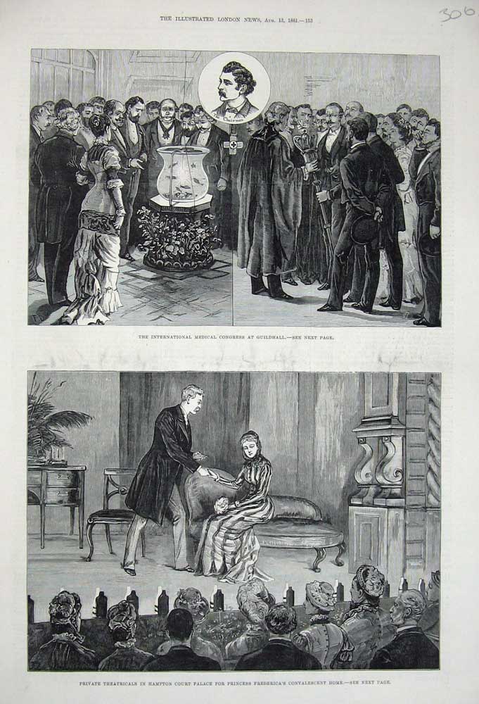 Old Antique Print 1881 Medical Congress Guildhall Theatre Hampton Palace 19th