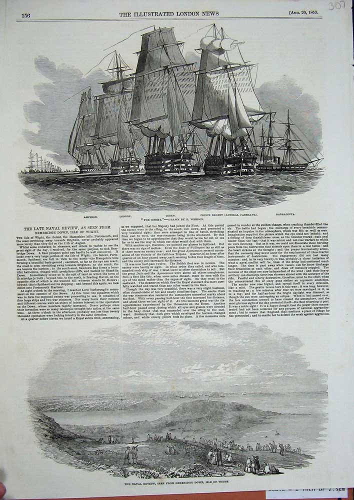 Original Old Antique Print 1853 Bembridge Isle Wight Ships Amphion London Queen