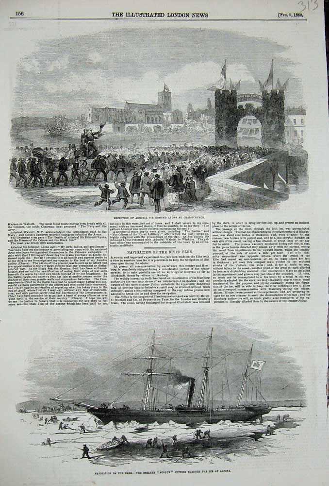 Original Old Antique Print Elbe Steamer Ship Pollux Ice 1856 Lyons Christchurch
