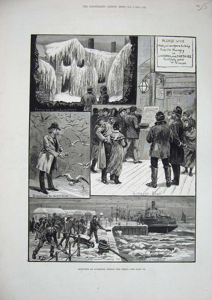 Original Old Antique Print 1881 Liverpool Winter Frost Lord Street Simson Bowl