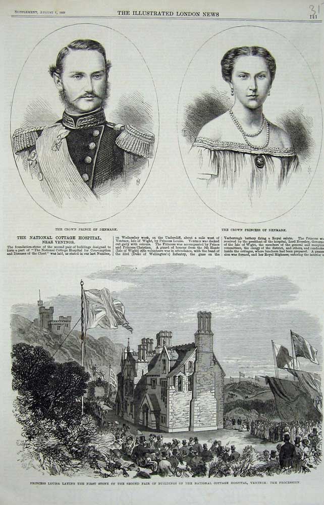 Original Old Antique Print 1869 Prince Denmark Princess Louisa Hosptial Ventnor
