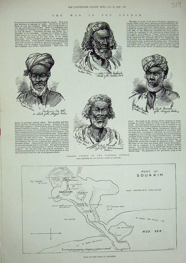 Old Antique Print 1844 Plan Port Souakim Tribal Chiefs Soudan War Sheik 19th