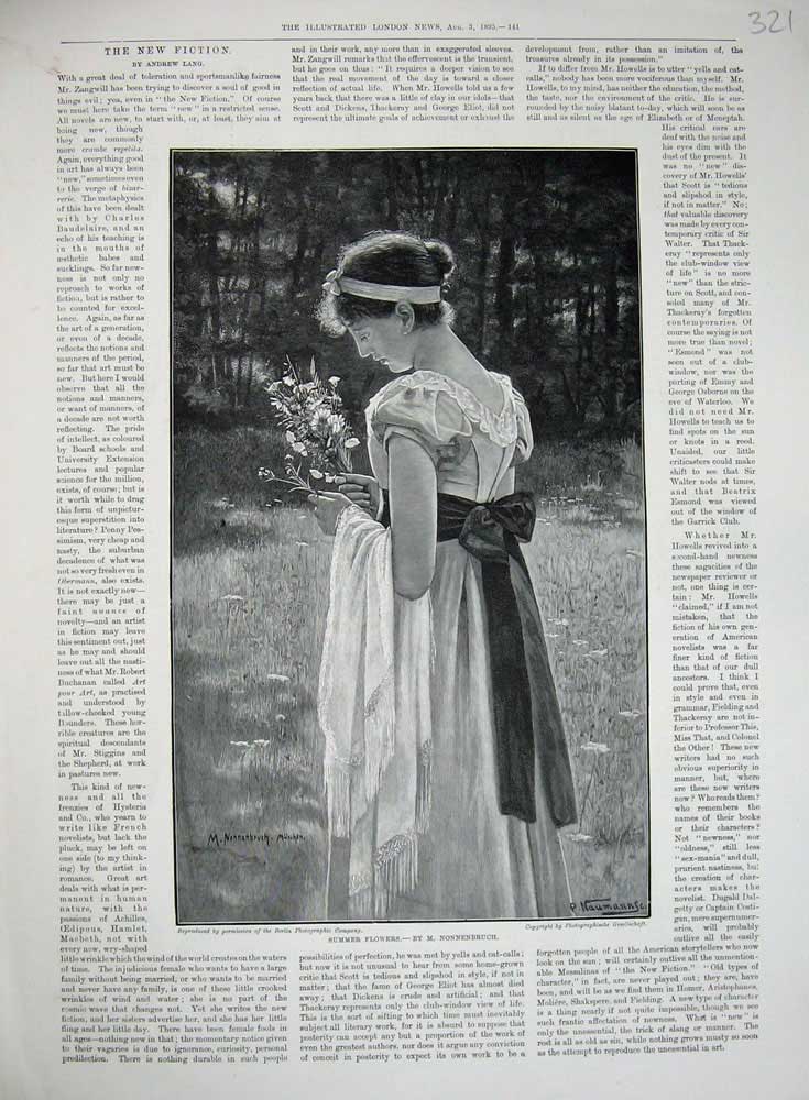 Original Old Antique Print 1895 Summer Flowers Beautiful Lady Woman Nonnenbruch