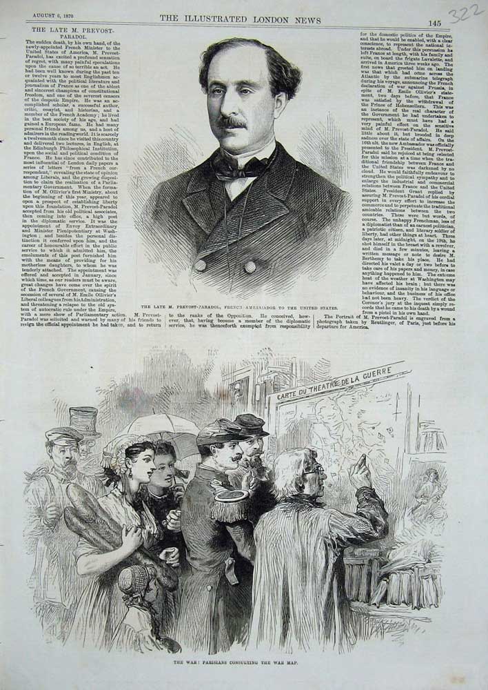 Original Old Antique Print 1870 Prevost-Paradol French Ambassador War Parisians