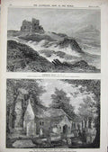 Original Old Antique Print 1859 Bamborough Castle Church Bonchurch Isle Wight