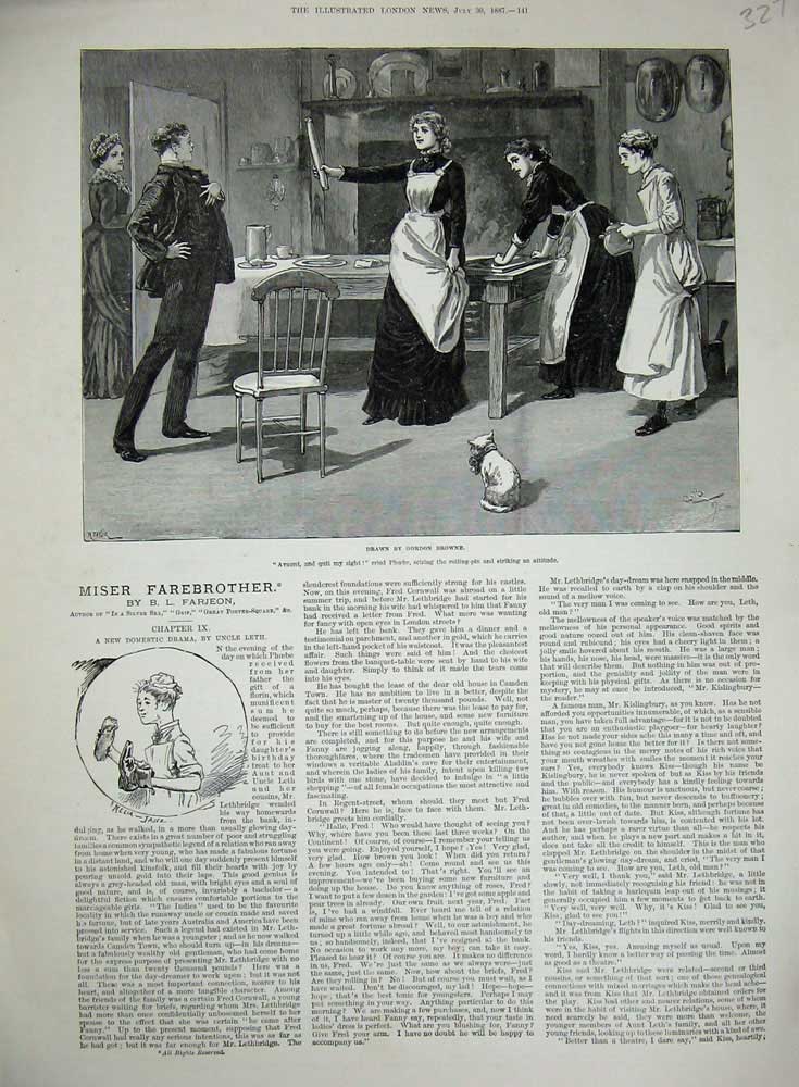 Original Old Antique Print 1887 Miser Farebrother Gordon Browne Maids Kitchen