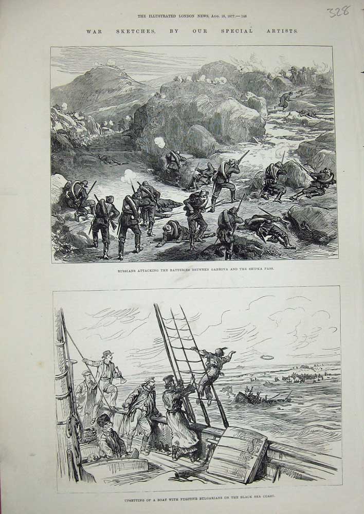 Antique Old Print *0294 1877 War Russians Gabrova Shipka Pass Boat Bulgarians