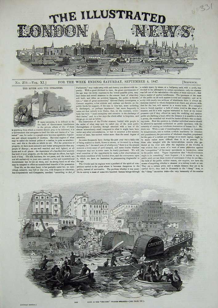 Original Old Antique Print 1847 Cricket River Thames Steamer Boat London 19th
