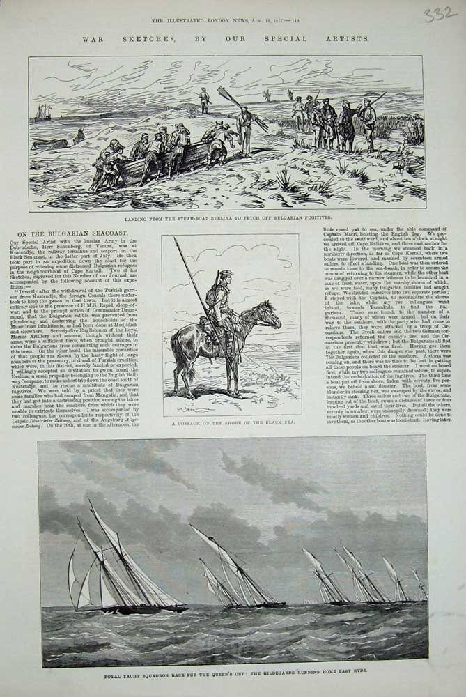 Original Old Antique Print 1877 War Evelina Ship Cossack Black Hildegarde Yacht
