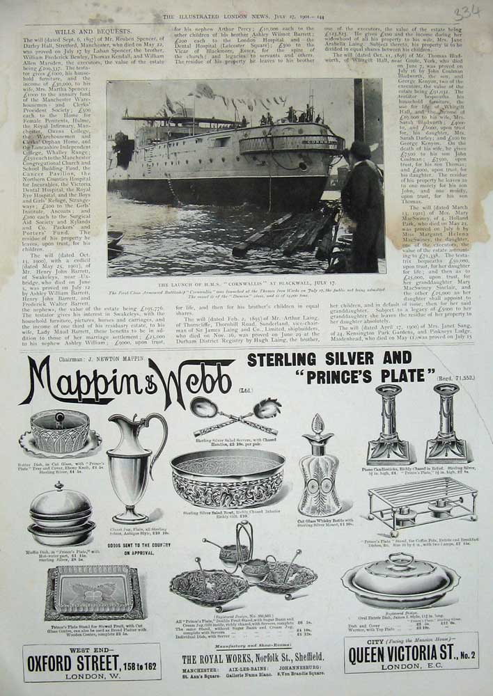 Original Old Antique Print 1901 Ship Launch Cornwallis Blackwall Mappin Webb