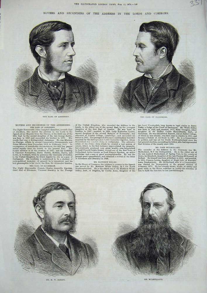 Old Antique Print 1876 House Lords Aberdeen Ellesmere Ridley Mulholland 19th
