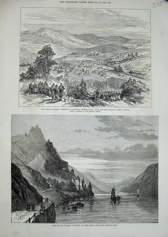 Original Old Antique Print 1876 War Turkey Metokhia Herzegovina Zvornik Drina