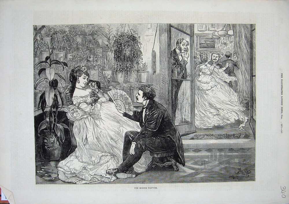 Original Old Antique Print 1871 Fine Art Man Woman Romance Dancing Music 19th
