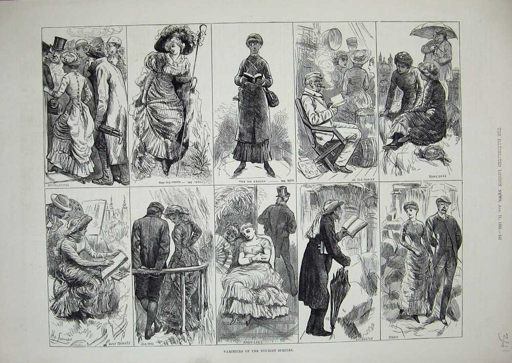 Original Old Antique Print 1883 Tourist French English Children Holidays People